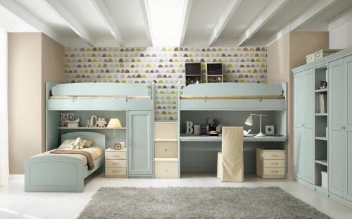 Scandola - camera ragazzi 3 letti in legno verde acqua